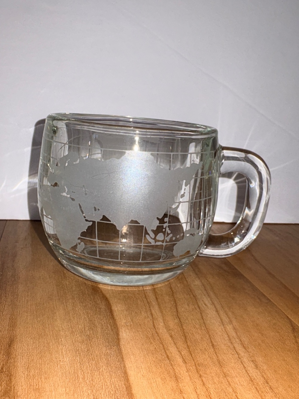 Vintage Nestle World Globe Etched Clear Glass Coffee Mug